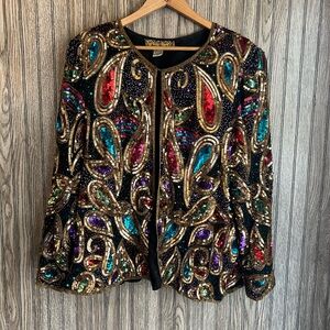 VTG 90s Plus Black Silk Gold Multi-colored Sequin Embellished Paisley Jacket